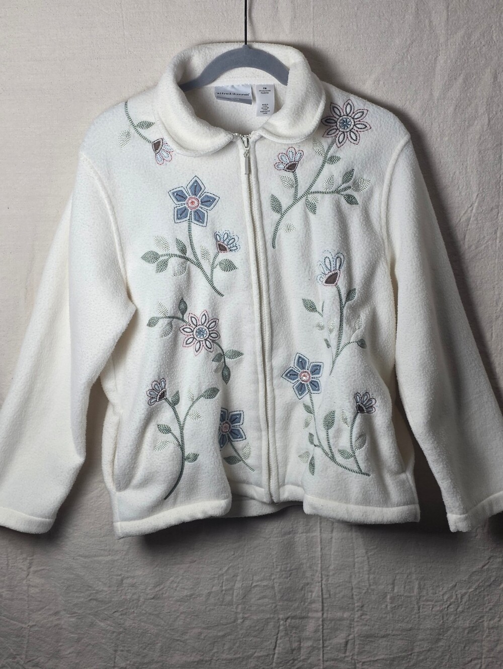 Alfred Dunner Cream Floral Embroidered Zip-Up Fleece